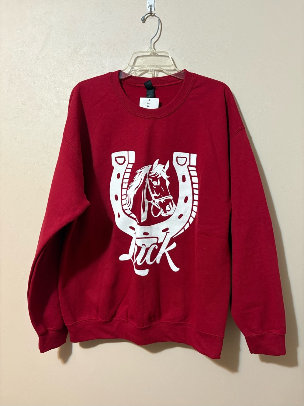 NWT Riffraff women’s Red Sweatshirt Horseshoe Luck Charlie Southern size L